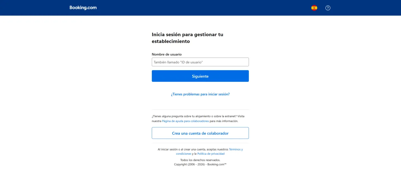 Pantalla de inicio de sesión de la extranet de Booking.com