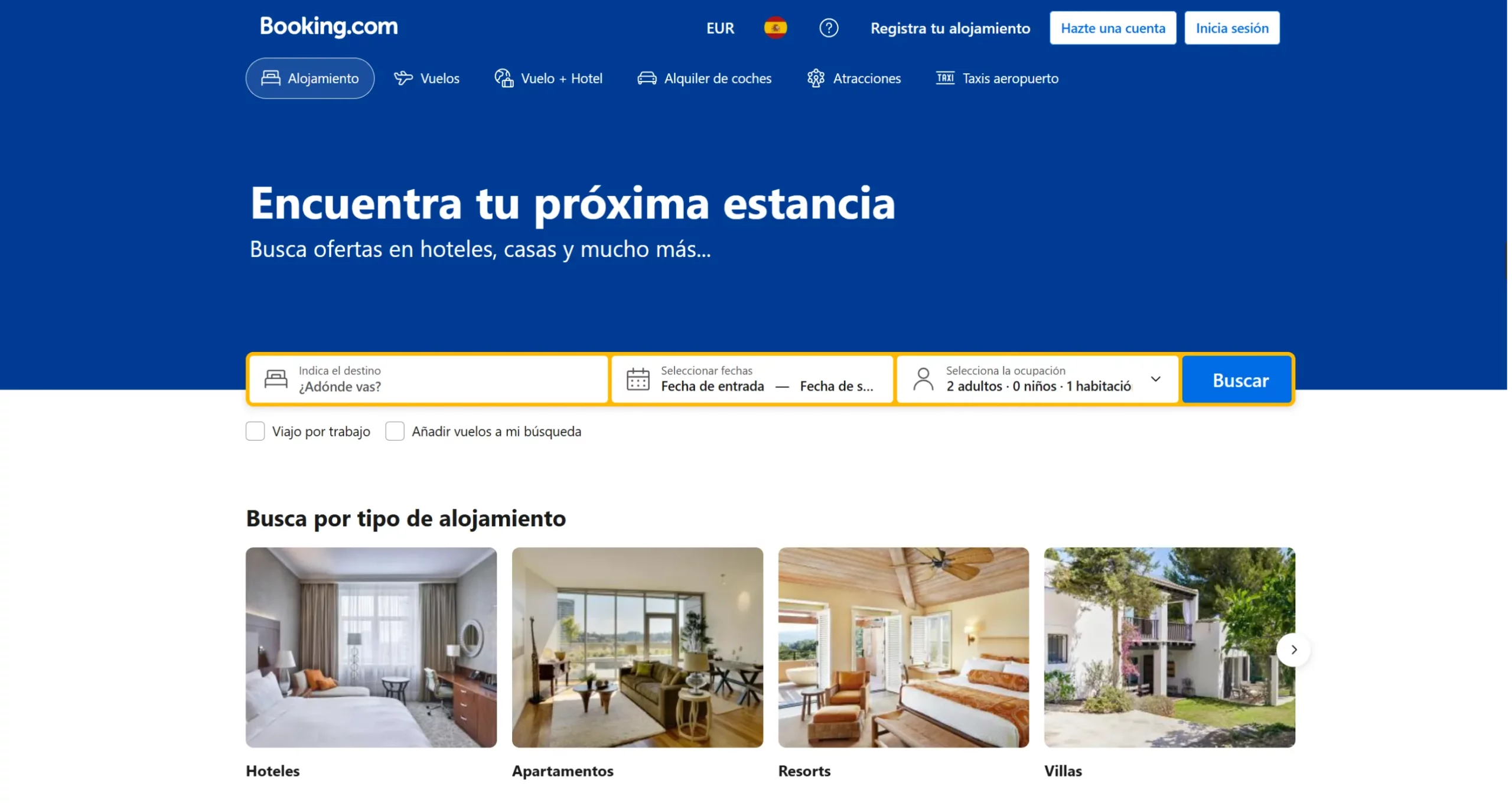 Página principal de Booking.com para alojamientos turísticos