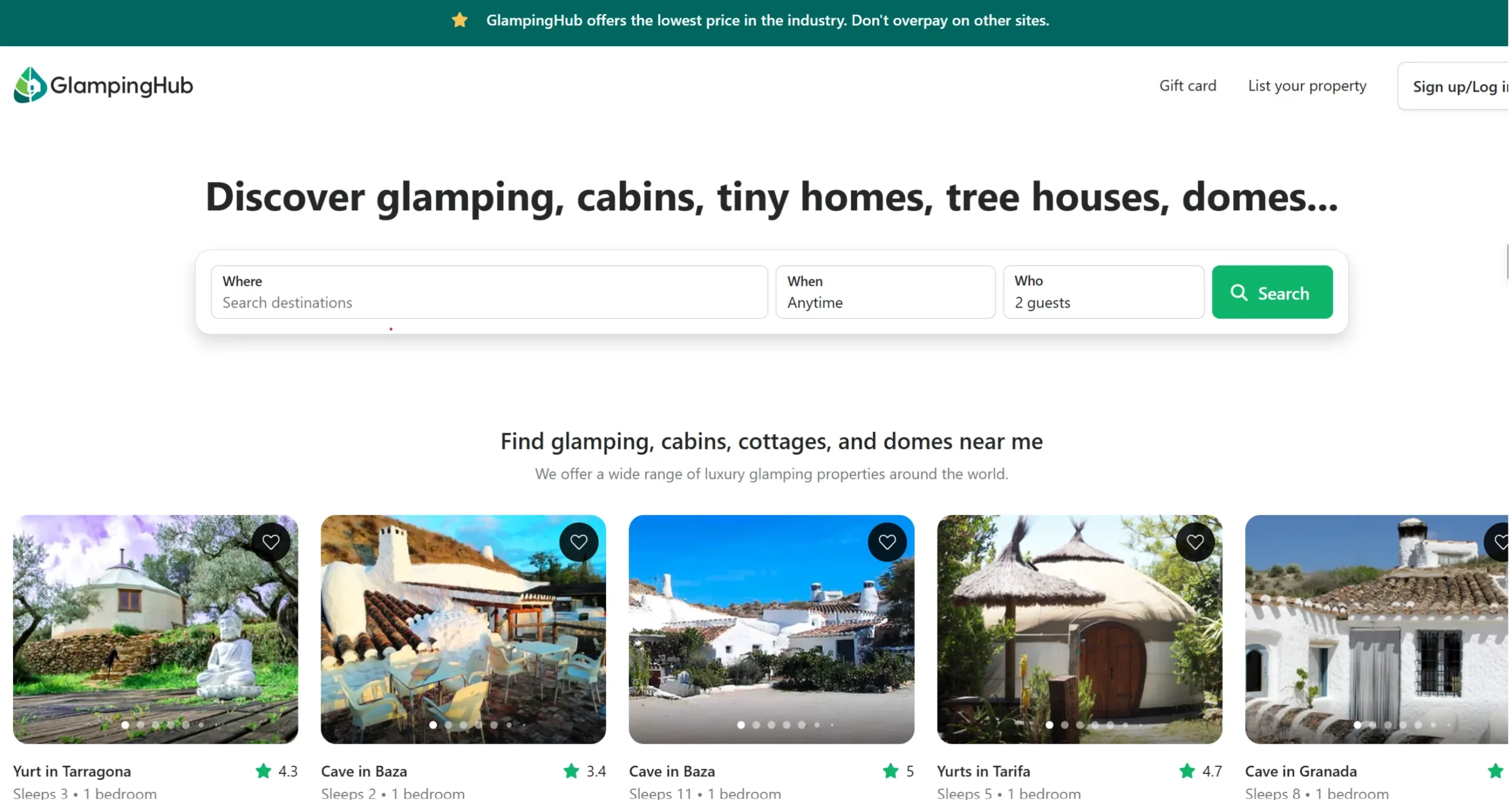 Página principal de Glamping Hub, portal de alojamientos singulares en naturaleza