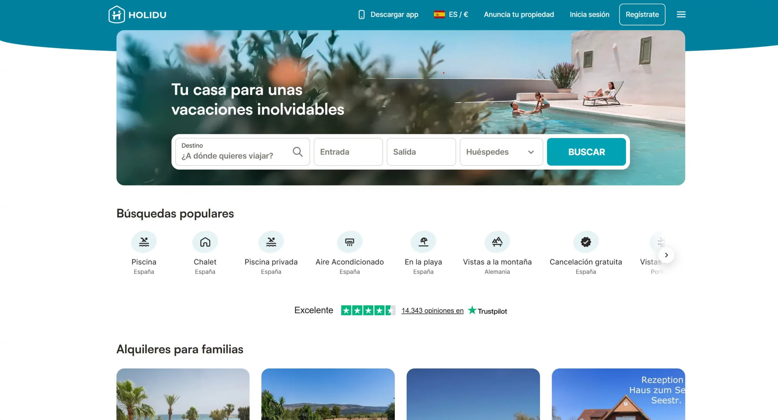 Página principal de Holidu, metabuscador de alquiler vacacional