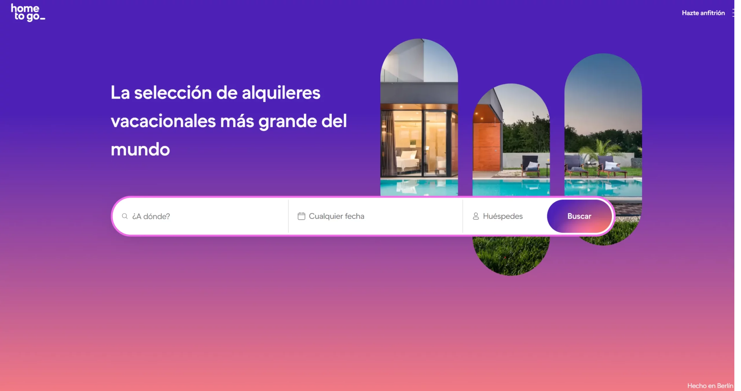 Página principal de HomeToGo, metabuscador de alquiler vacacional