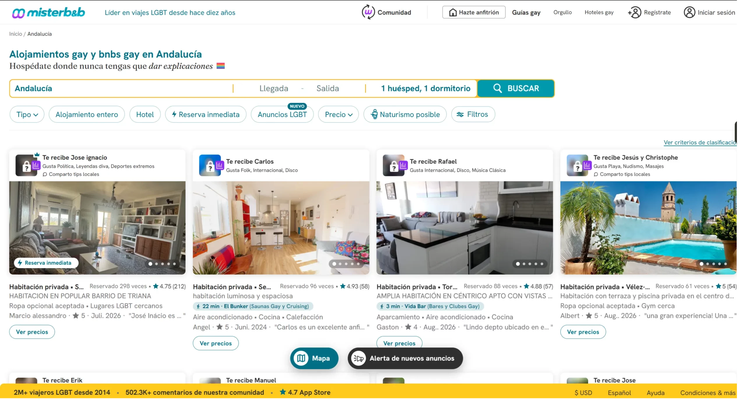 Página principal de misterb&b, plataforma enfocada al viajero LGBTQ+