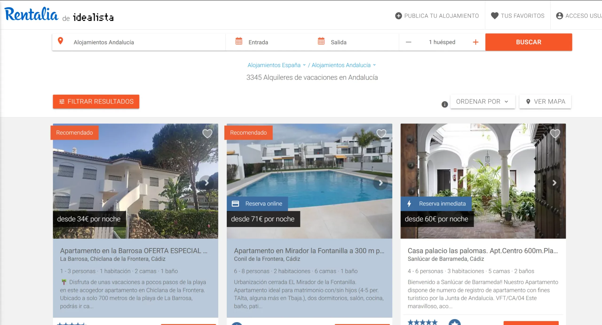 Página principal de Rentalia, plataforma española de alquiler vacacional