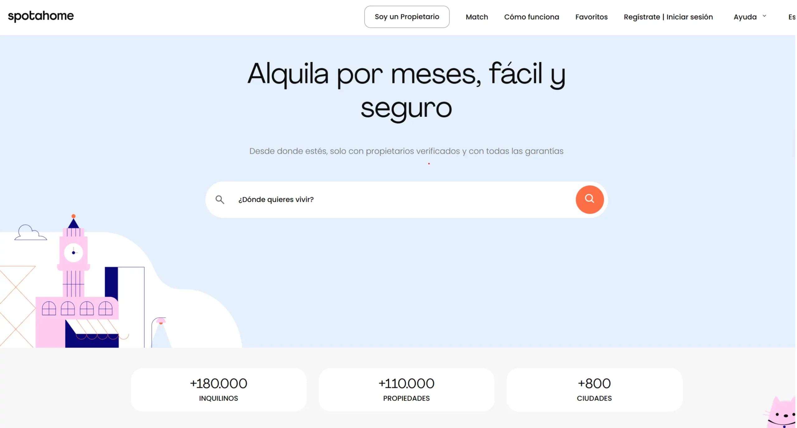 Página principal de Spotahome, especializada en estancias de media duración