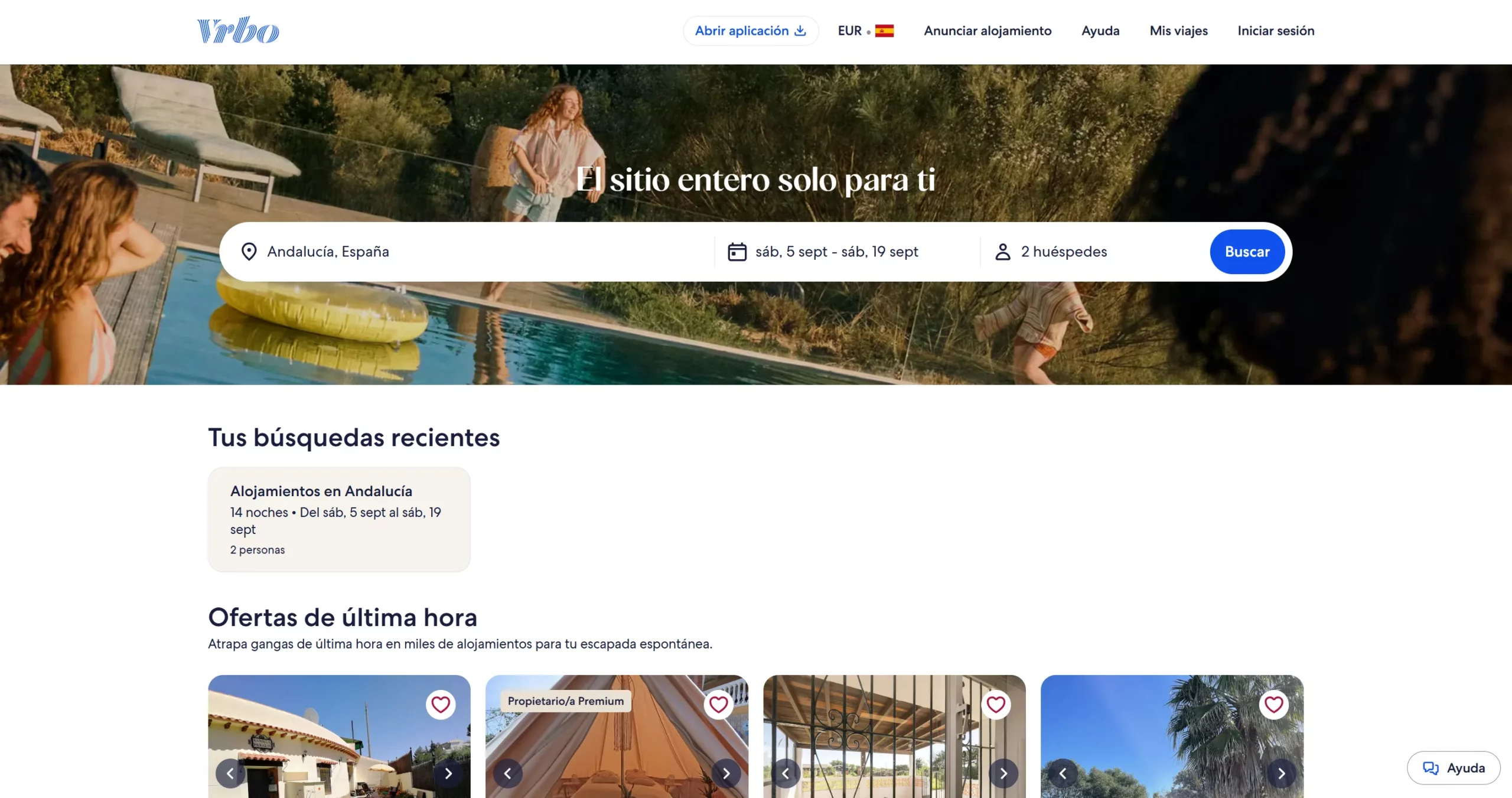 Página principal de Vrbo, especializada en propiedades completas para familias