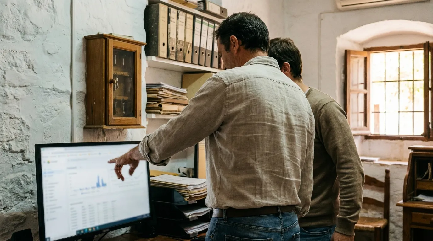 Equipo de una agencia de alquiler vacacional revisando la gestión de sus alojamientos