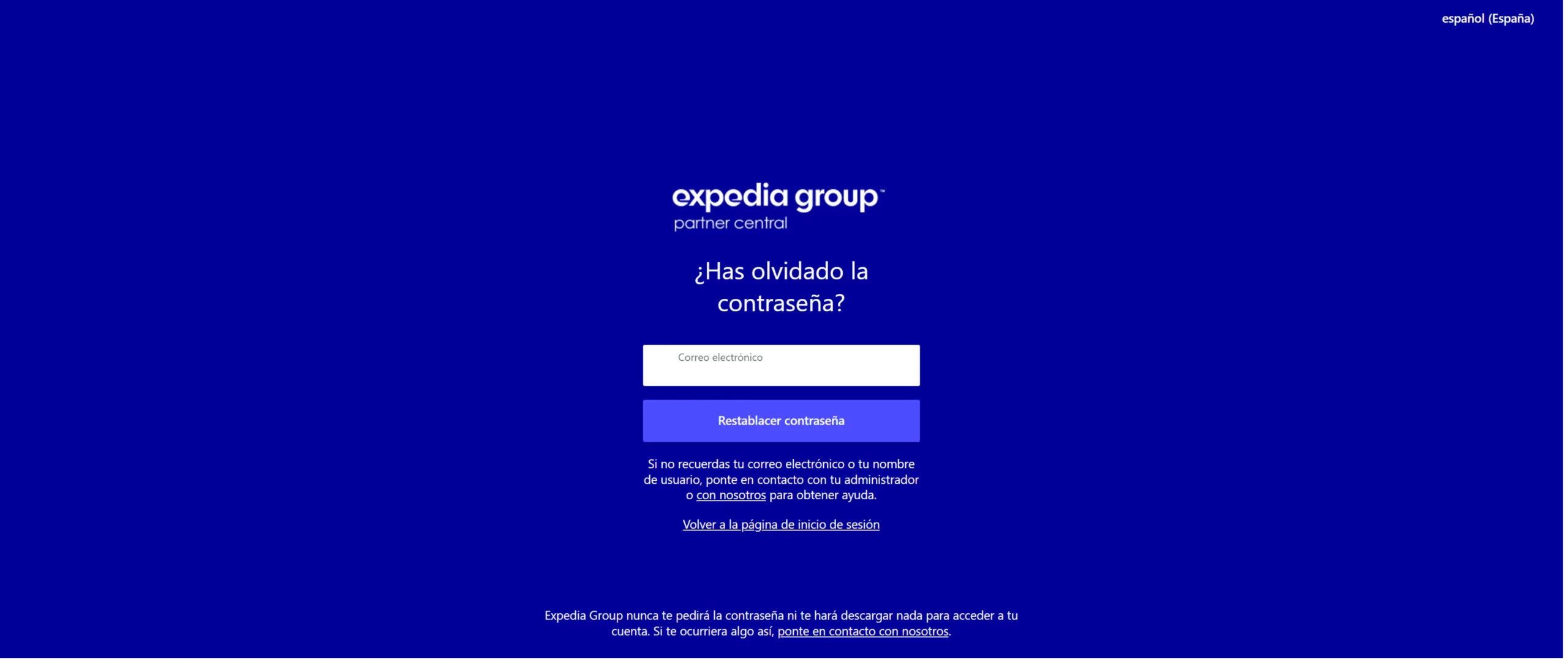 Pantalla de recuperación de contraseña de Expedia Partner Central