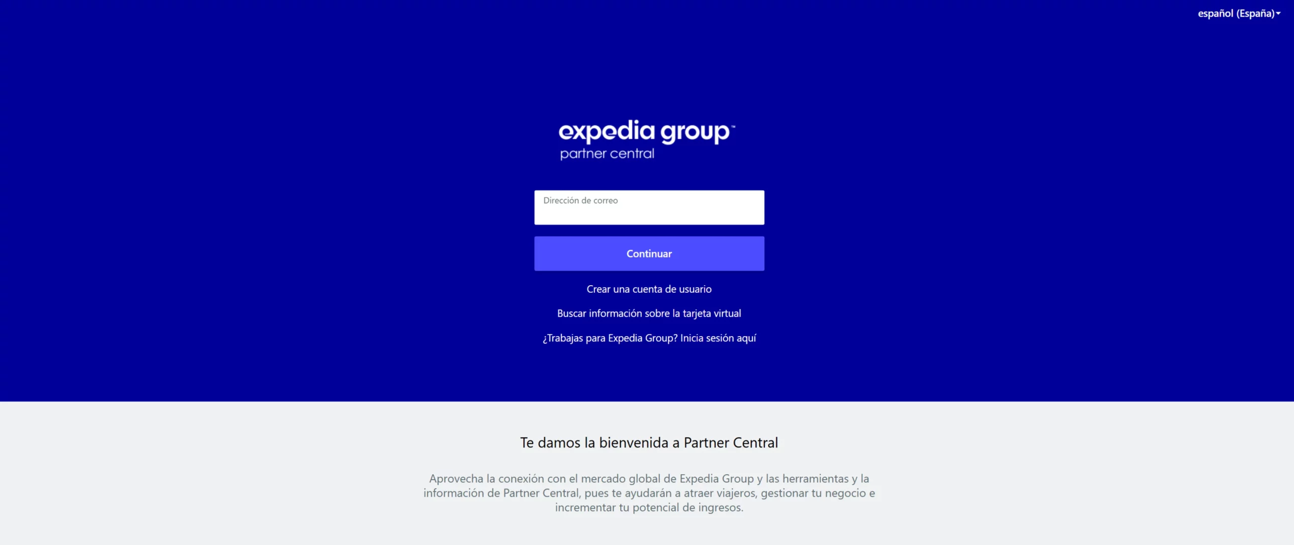 Pantalla de acceso a Expedia Partner Central, la extranet de Expedia para alojamientos