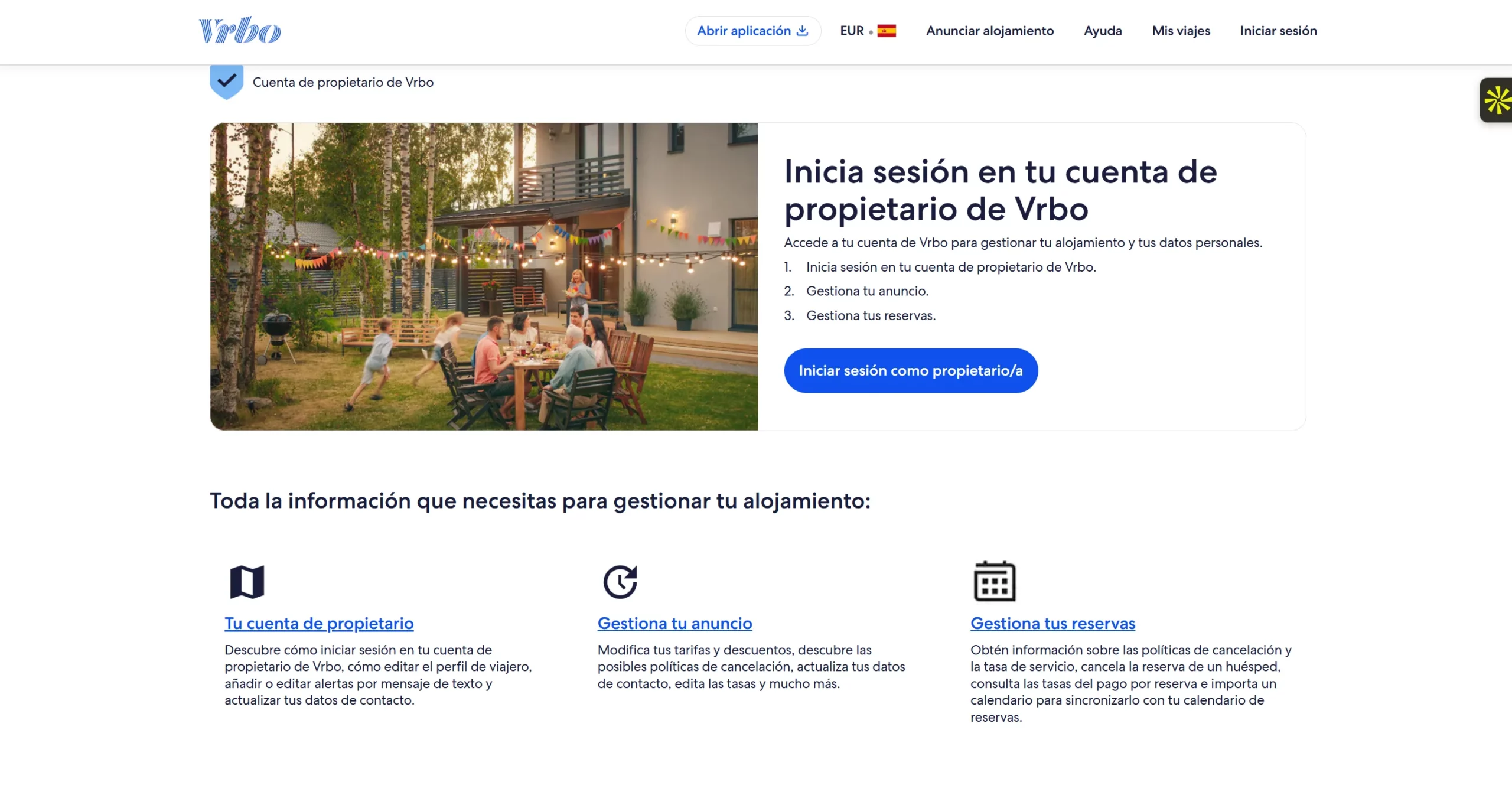 Pantalla de acceso a la cuenta de propietario de Vrbo