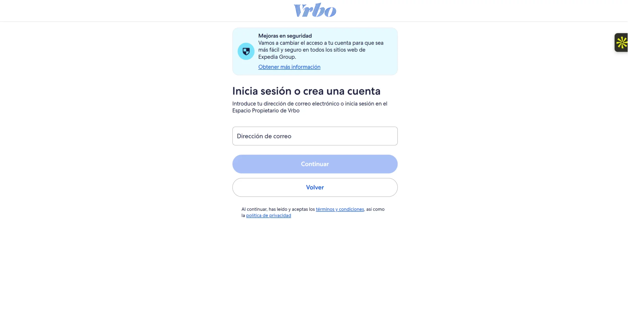 Pantalla de recuperación de contraseña de la cuenta de propietario de Vrbo